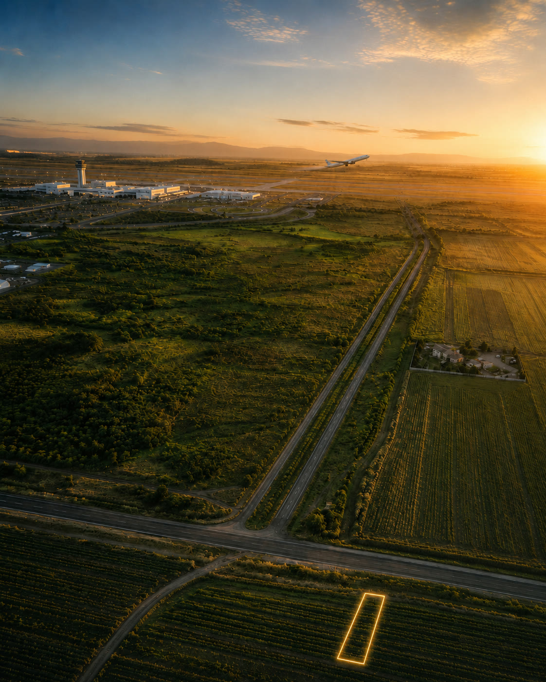 Vista aérea del Lote A7 al atardecer, frente al Aeropuerto Internacional de Tepic